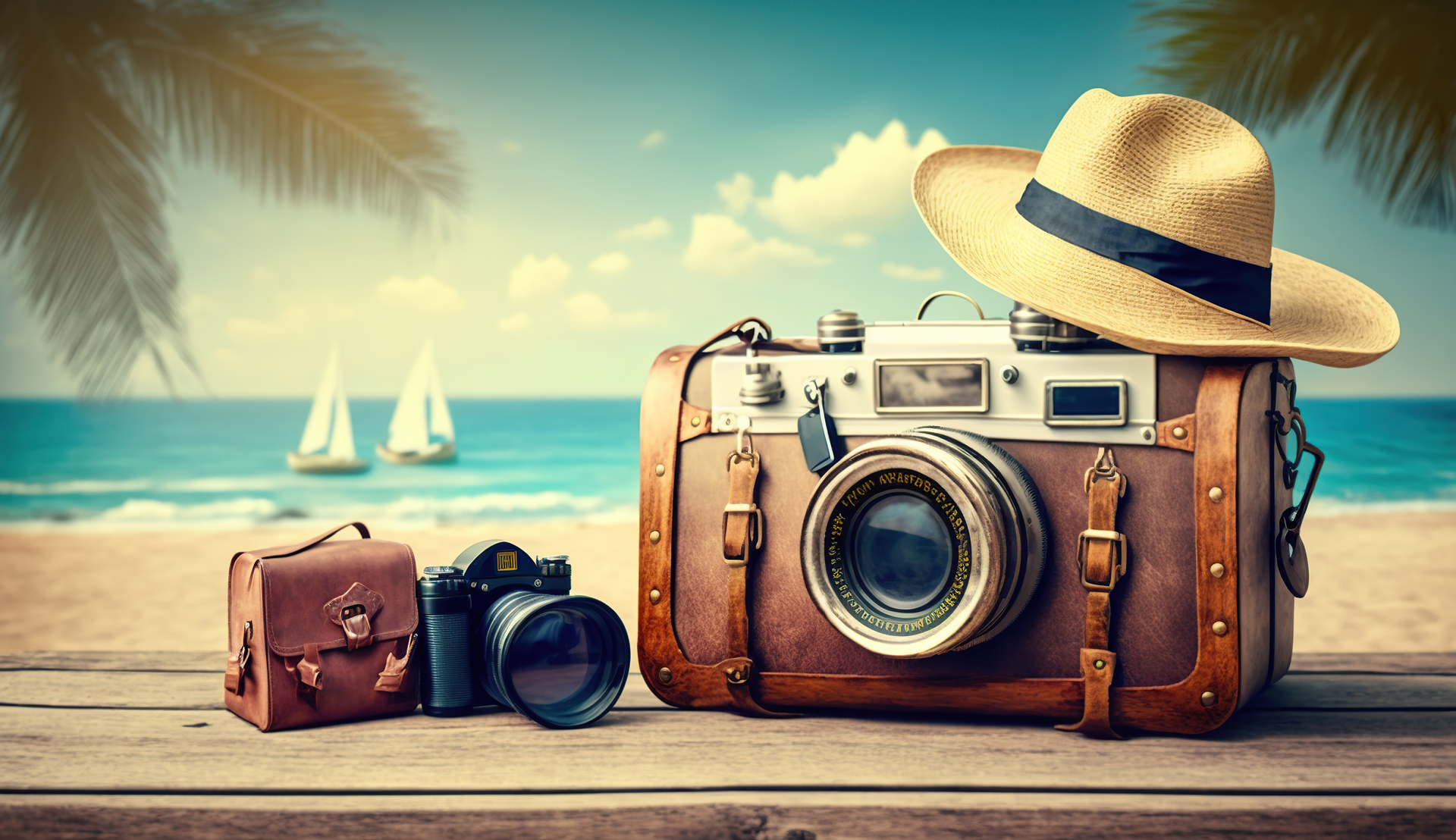 A vintage suitcase, hat, camera and passport ready for travel