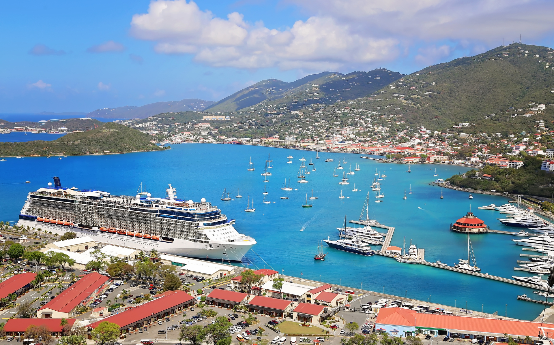 A large ocean cruise ship anchored off a sunny coastline