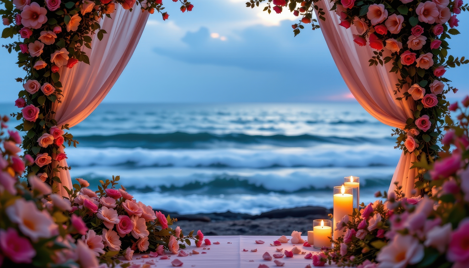 A couple on a quiet South Pacific beach at sunset