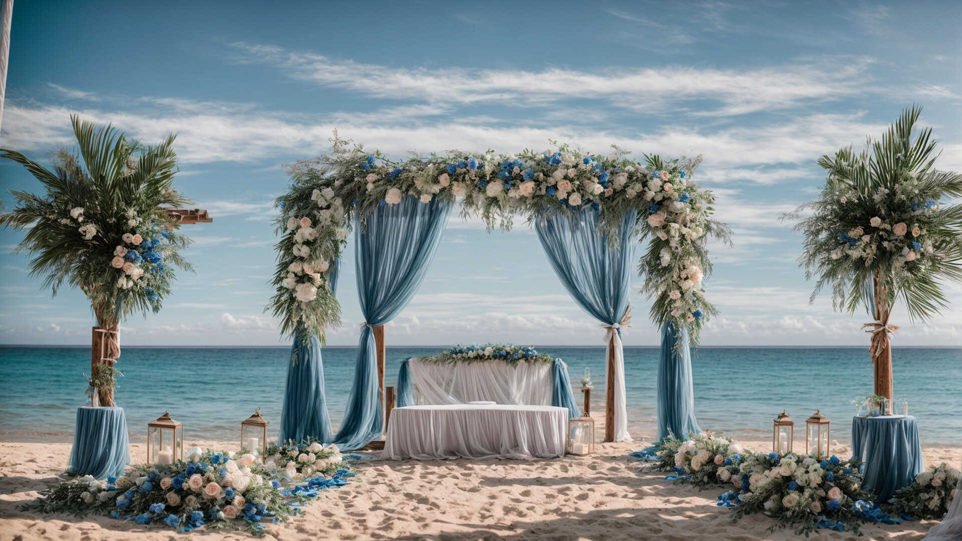 A flower-draped wedding arch framing the turquoise sea on a sunlit beach
