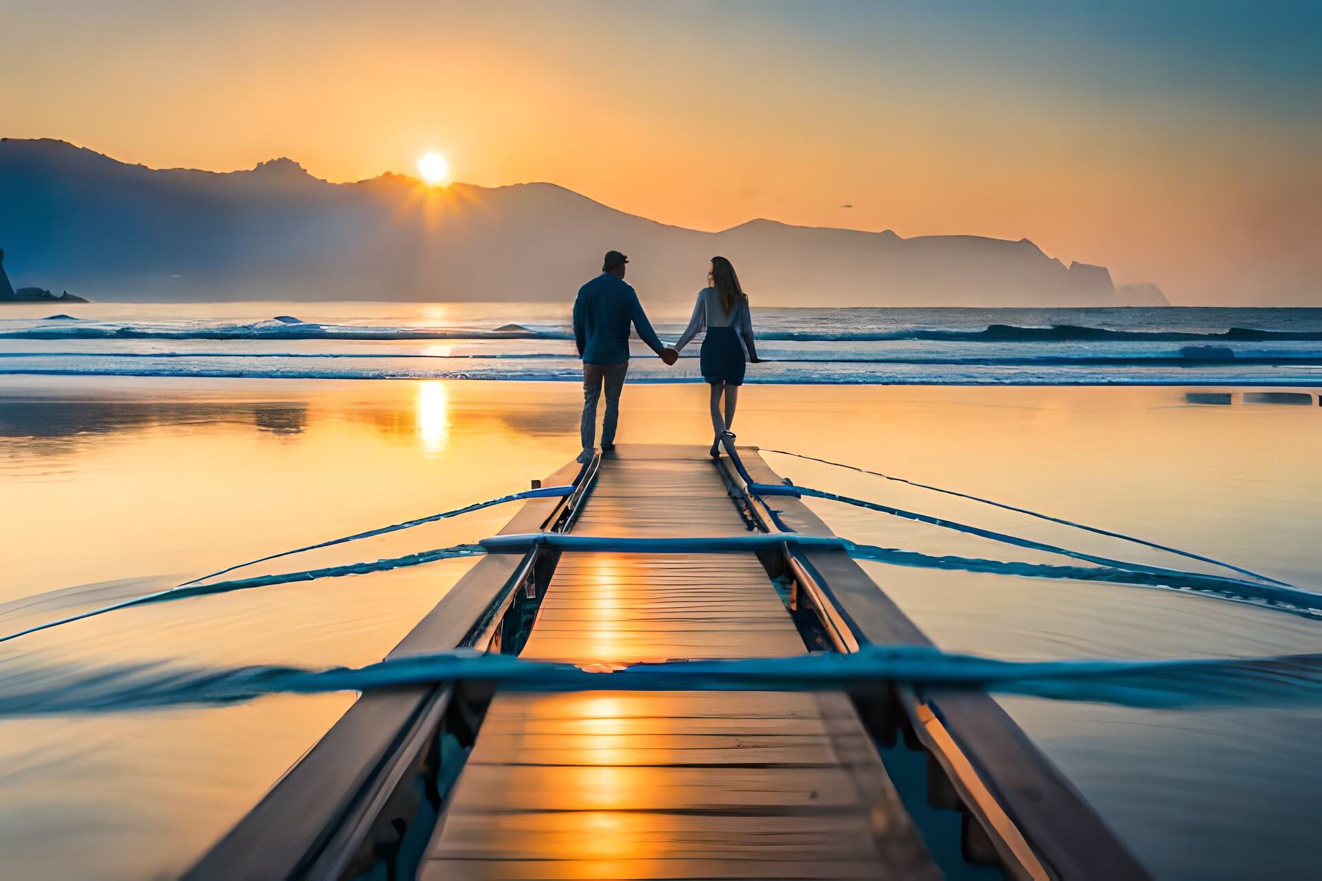 A couple walking hand in hand along a wooden pier toward the sea
